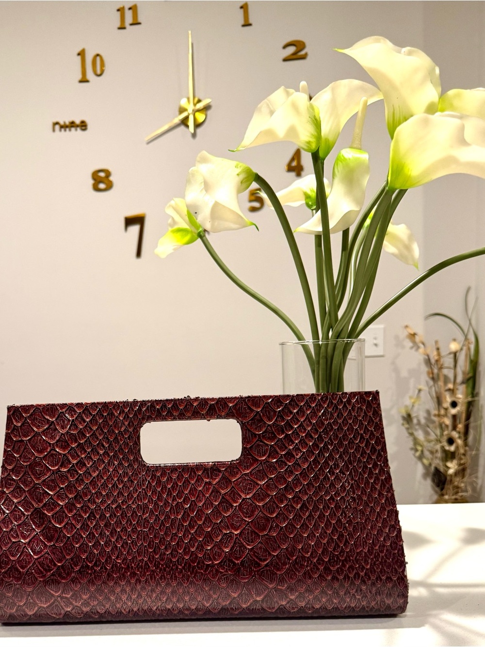 Women's Burgundy Snake-Embossed Clutch Bag